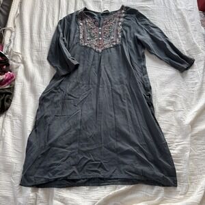 Max Tunic Dress Floral Embroidered Gray Viscose Boho Split Neck 3/4 Sleeve XXL